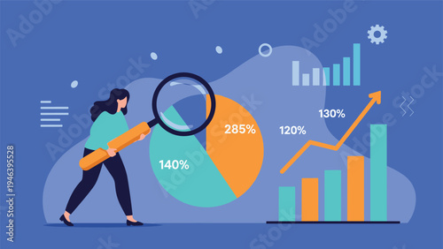 Data auditing and business research concept with a woman using a magnifying glass to inspect growth charts and financial statistics.