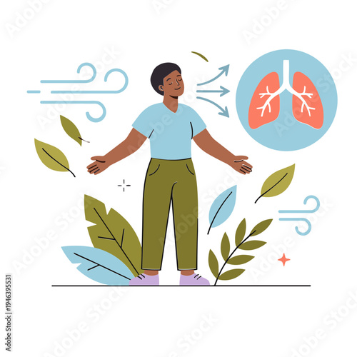 A woman practices deep breathing exercises outdoors surrounded by leaves and wind.