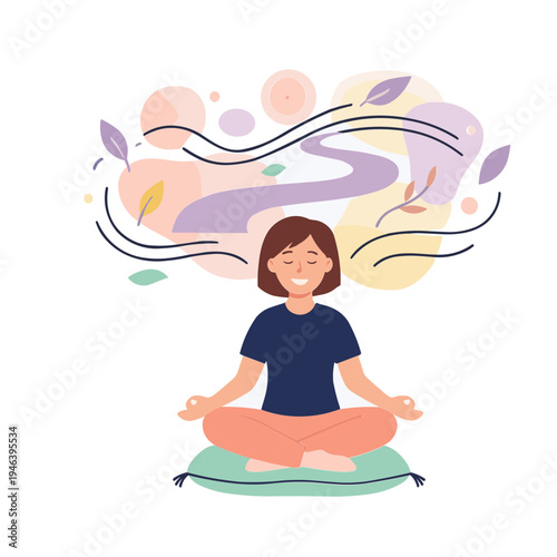 Woman meditates peacefully outdoors with thoughts floating above her head