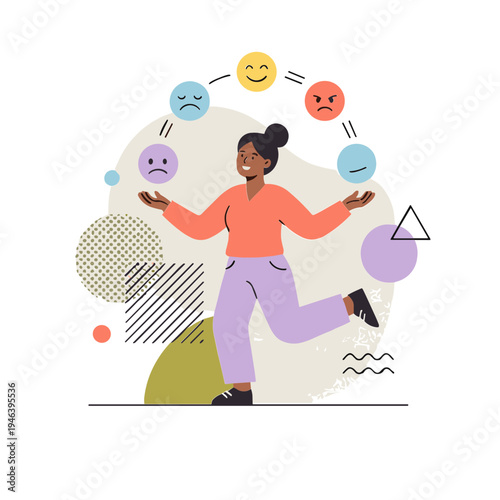 A woman balances various emotive faces while standing on one leg indoors.