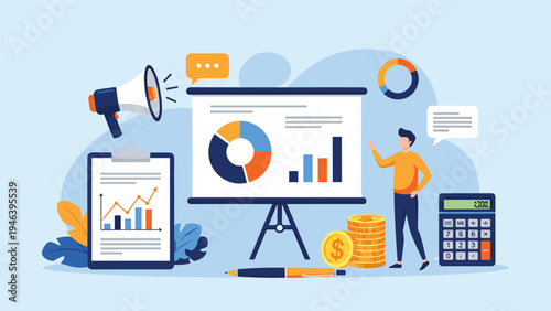 Corporate business presentation and financial analysis concept showing a person pointing at a whiteboard with charts and marketing tools.