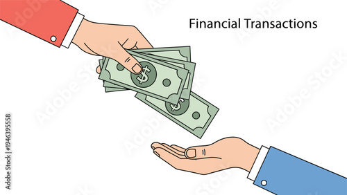 Professional financial transaction concept showing two hands, one in a red suit and another in a blue suit, exchanging US dollars.