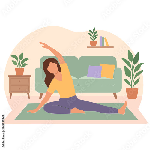 Woman practices yoga on a mat in a living room with plants and a couch