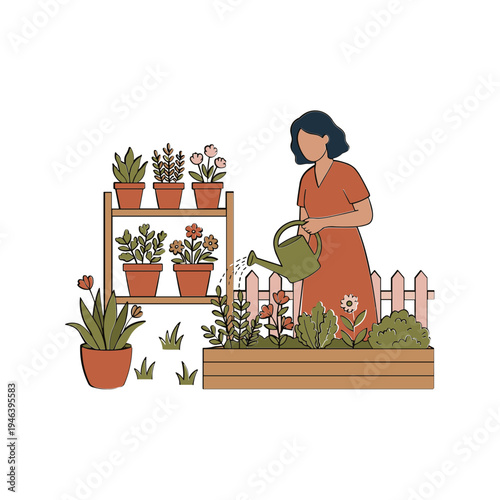 Woman gardening in backyard with plants and watering can on shelf