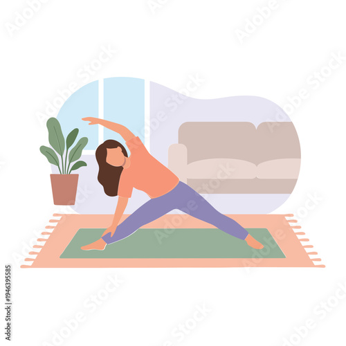 Woman practices yoga in living room with plant and sofa nearby