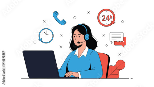 Dedicated customer service representative working at a laptop with headset with symbols for phone support and 24-hour available service.
