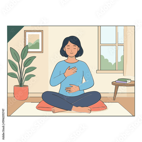A woman practices yoga on a mat in her living room with a plant nearby.