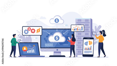 Enterprise cloud infrastructure and financial technology management featuring diverse team collaborating on digital database and network apps.
