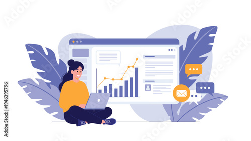 Freelance data analyst working remotely on laptop while viewing large dashboard with growth charts and business communication notification icons.