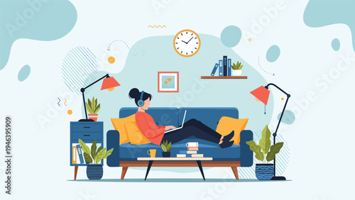 Comfortable remote work environment with woman using laptop on sofa while wearing headphones in a cozy living room decorated with houseplants.