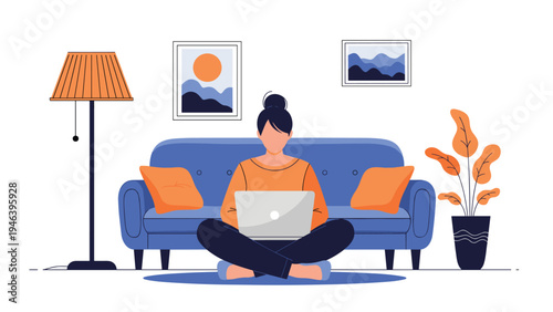 Relaxed woman working from home on laptop while sitting on comfortable blue sofa in minimalist living room with modern art and houseplants.