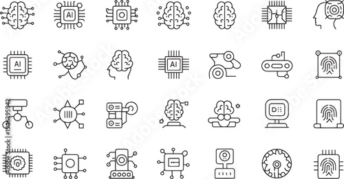 Collection of futuristic artificial intelligence and technology icons representing brains circuits robots and biometrics isolated on transparent background
