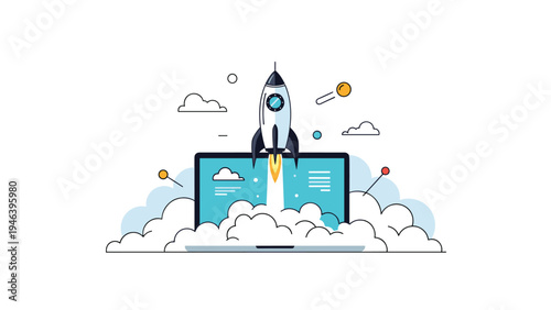 Successful business project launch illustrated by a rocket taking off from laptop screen surrounded by clouds and growth marking pins.