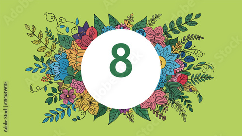 Beautiful number eight decorative illustration surrounded by vibrant colorful flowers and green leaves on a soft pastel green background.