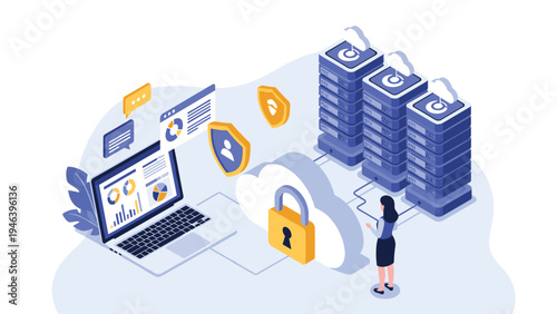 Modern cloud security and server management featuring woman professional monitoring data centers protected by encryption and padlock icons.