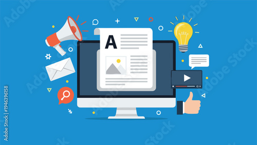 Content marketing and social media strategy concept with digital article on monitor surrounded by megaphone like icon and creative ideas.