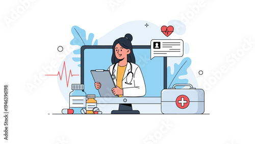 Virtual healthcare service concept showing female doctor on computer screen with medical equipment and pills for remote patient diagnosis.