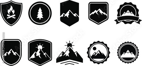 Various black and white vector mountain and camping logos and badges