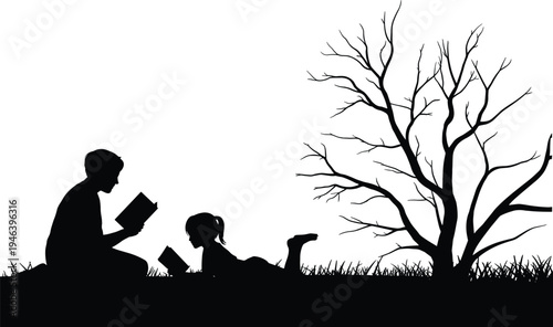 Children reading books under tree silhouette in park, boy and girl studying outdoors on grass, flat vector illustration for education and childhood concepts