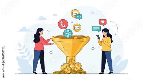 Marketing conversion funnel turning social media engagement into wealth with two female characters managing process.