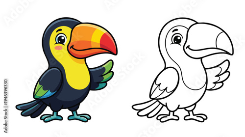 Toucan Cartoon Character with Large Colorful Beak for Coloring Book