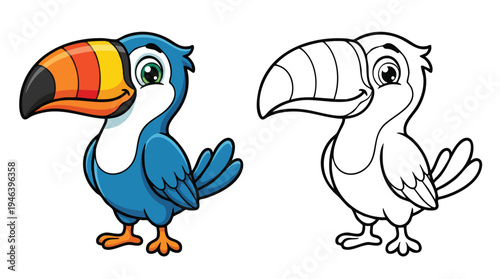 Cute Toucan Animal Character with Coloring Book Page for Kids