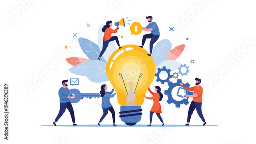 Creative team of professionals collaborating around giant glowing light bulb to generate innovative business ideas.