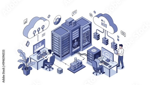 IT professionals managing large scale data center with server racks cloud computing and multiple monitor stations.