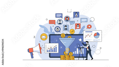 Digital marketing professional managing lead conversion funnel with customer profiles and financial growth charts.