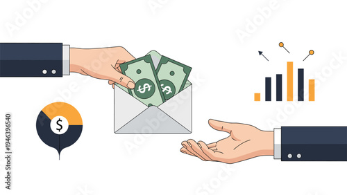 Financial transaction showing hand passing envelope with dollar bills to another person with business growth charts.
