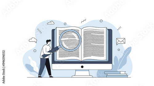 Research and education concept featuring person using magnifying glass to study large digital book on computer screen.