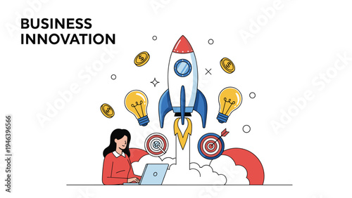 Business innovation and startup growth concept with a woman working while a rocket launches upwards.