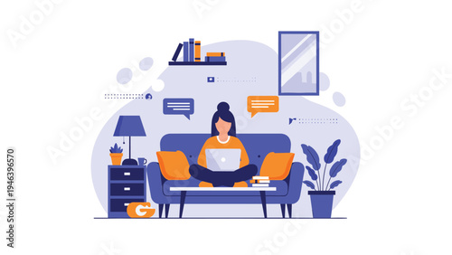 Freelancer working on a laptop while sitting on a comfortable sofa with chat bubbles and plants.