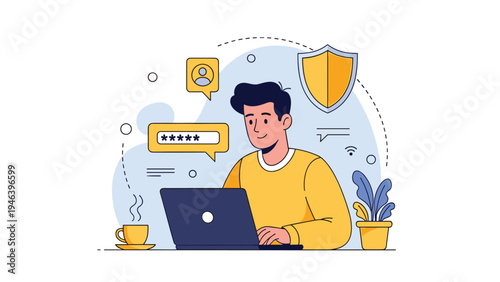 Secure user authentication and data privacy concept with a man using a laptop and shield icon.