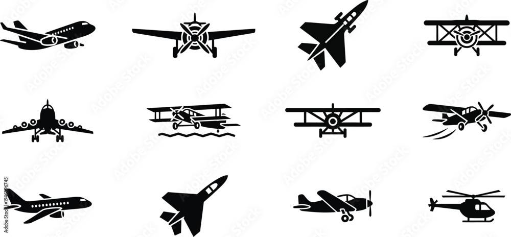 Fototapeta premium Various vector airplane and helicopter designs in black and white