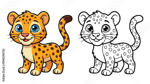 Cute Cartoon Leopard Character with Coloring Page Outline for Kids