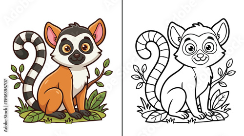 Coloring Book Page Cute Cartoon Lemur Sitting on the Grass in Nature