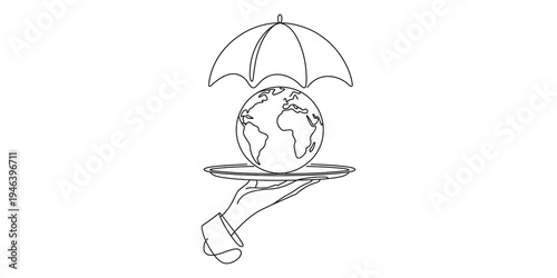A continuous line drawing of a hand holding a tray with the earth and an umbrella for protection. Vector, illustration