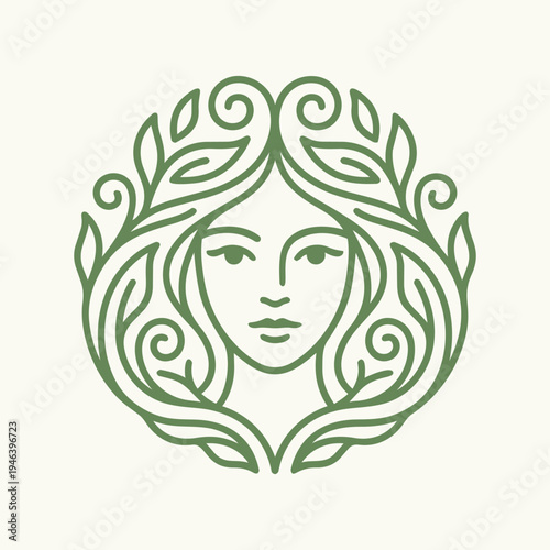 Minimalist Feminine Nature Logo, Elegant Woman Face with Leaves Vector