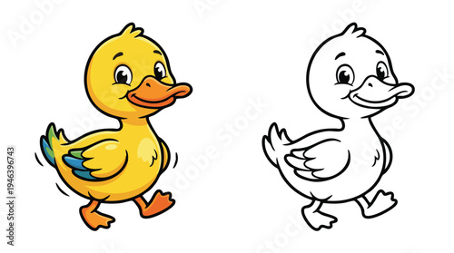 Cute Duckling Walking Coloring Pages Set for Kids
