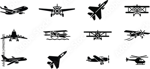 Various vector airplane and helicopter designs in black and white