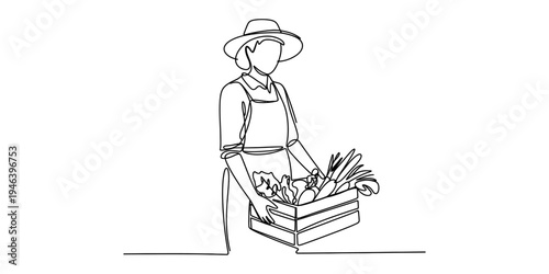 A person wearing a hat and apron holds a crate full of fresh vegetables in a continuous line art drawing Vector, illustration