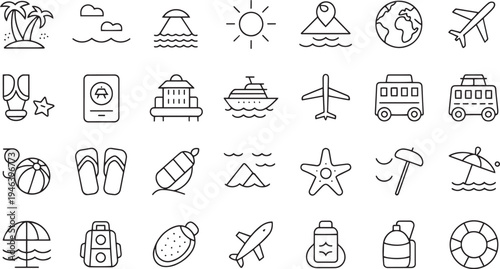 Collection of hand drawn travel vacation and summer holiday icons isolated on transparent background