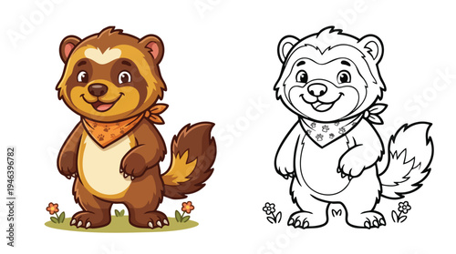 Cute Cartoon Wolverine Coloring Page Happy Animal Character Design