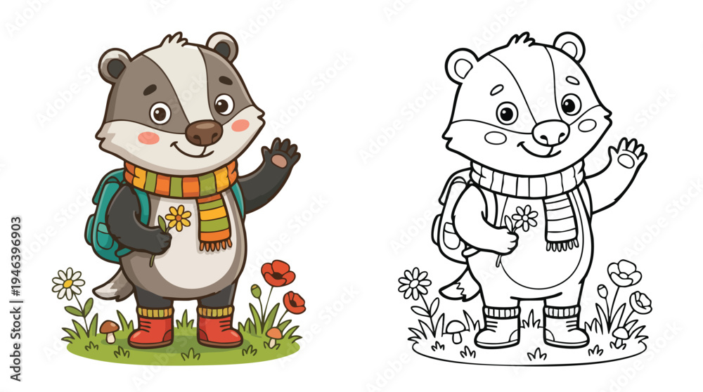 Fototapeta premium Badger Coloring Page with Backpack and Scarf in Grassy Field