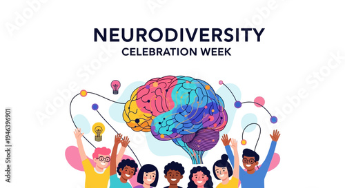 Illustration of diverse people celebrating Neurodiversity Celebration Week with colorful brain design and raised hands in a joyful scene.