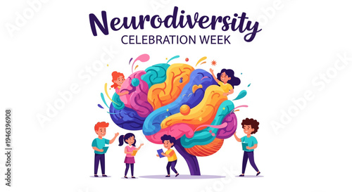 Illustration of diverse people celebrating Neurodiversity Celebration Week with colorful brain design and lively composition against a clean white background.