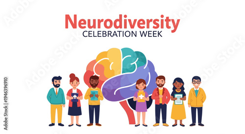 Illustration of diverse people standing around a colorful brain graphic with a shallow depth of field, conveying a joyful and accepting mood for Neurodiversity Celebration Week in a modern