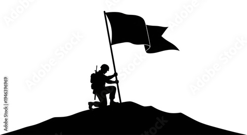 Military Soldier Silhouette Planting Flag on Mountain Hilltop for Victory