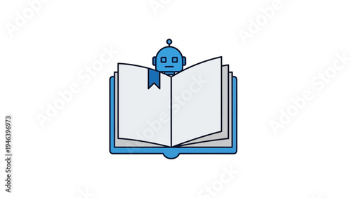 Robot reading an open book.